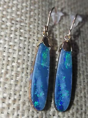 Natural Electric Blue Australian Opal Doublet Drop Dangle Solid Gold Earrings • £160