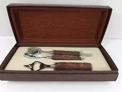 Vintage Glo-Hill Bottle Opener And Ice Cube Tongs In Case Bar Mates Faux Wood • $18.40