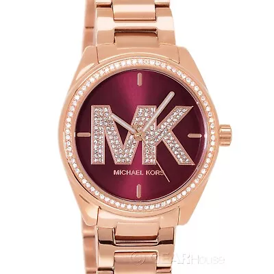 Michael Kors Janelle Womens Pave Glitz Watch Red MK Logo Dial Rose Gold Band • $116.80