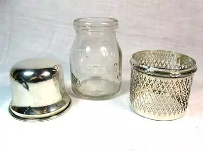 Antique Sterling Cream Milk Bottle Holder W Lid & Borden's Condensed Milk Bottle • $350