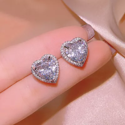 925 Sterling Silver Crystal Heart Stud Earrings Womens Jewellery Valentine Gift  • £3.97