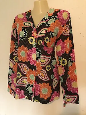 VERA BRADLEY Pajamas Top Size Small Black Chevron & Floral Notched Collar LS • $12.85