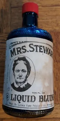 Vintage Mrs. Stewart's No Drip Liquid Bluing Embossed Glass Bottle 1969 • $10