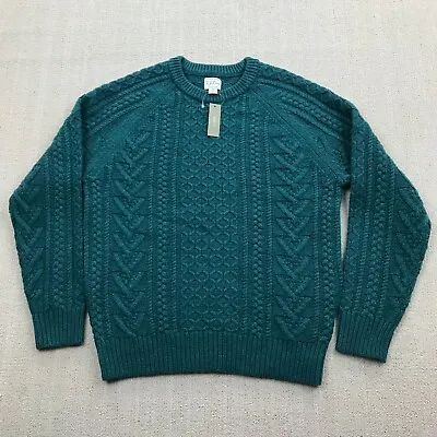 J Crew Sweater Mens M Green Rugged Merino Wool Donegal Cable Knit Fisherman NEW • $69.30