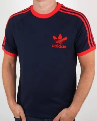 Adidas Originals California Men's T-Shirt Navy/Red Retro 3-Stripes Short Sleeve • $22