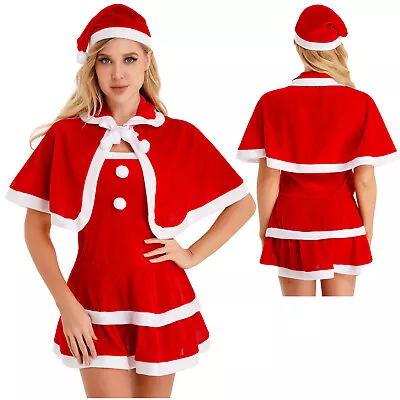 Women Velvet Xmas Mrs Claus Dress Flannel Trim Christmas Costume With Belt Hat • $18.66