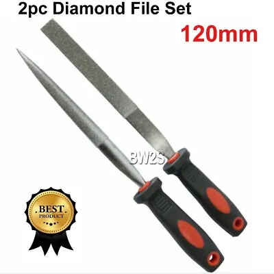 £3.49 • Buy 2pc Diamond File Set 120mm Needle Half Round Tapered & Flat Stone Metal