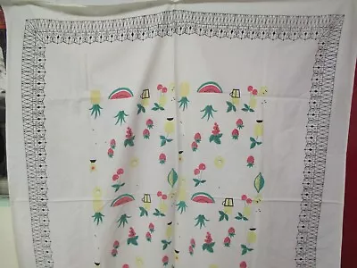 Vintage Cotton Tablecloth Fruits With Black Scroll Border • $7.99