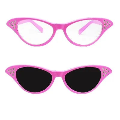 LADIES PINK GLASSES WITH DARK OR CLEAR LENSE 1950S 50s FANCY DRESS ACCESSORY • £3.99