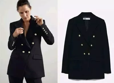 Zara Sz M Black Double Breasted Blazer Notched Lapel Buttons • $49