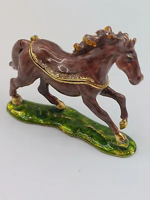 Vtg Enameled Solid Brass Horse Magnetic & Hinged Trinket Box W/Rhinestones   • $23.09