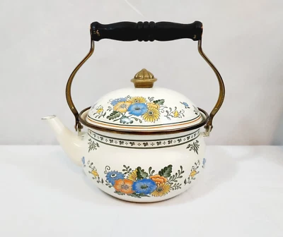 $19.99 • Buy Vtg ASTA Germany Enamel Tea Kettle Teapot Brass Trim & Knob Wood Handle Floral