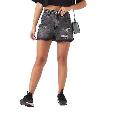 Ladies Frayed Denim Shorts Black Acid Wash  High Waisted Distressed Hot Pants UK • £17.99