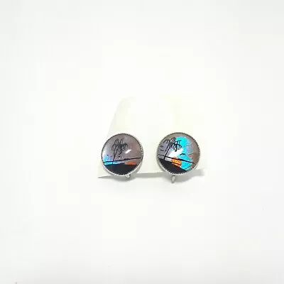 Vintage Butterfly Wing Earrings Screw Back Clip-on Palm Tree Iridescent Jewelry • $14.95