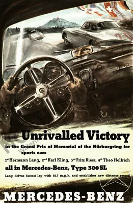 Mercedes Unrivalled Victory Vintage Auto Race Travel Poster 16x24 • $9.95