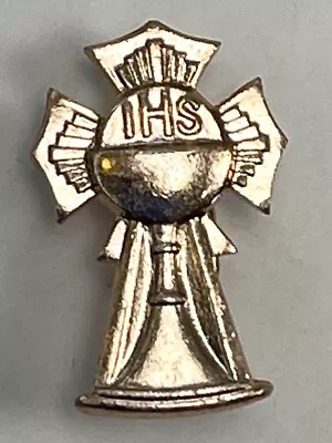 VTG 7/8  Goldtone IHS Catholic First Communion Cross Chalice Lapel PIN Hong Kong • $4.99