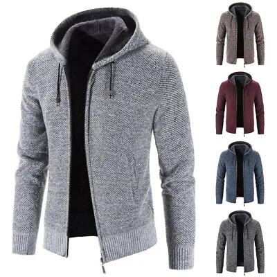 Mens Knit Sweater Coat Hooded Jumper Cardigan Fleece Fur Lined Zip Hoodie Jacket • £18.70