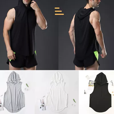 Men Vest Hooded Tank Top Workout Hoodie Muscle Tee Casual T-Shirt Sleeveless Gym • £4.79