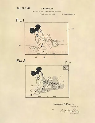 Mickey Mouse Animation US Patent Art Print- Original Vintage Walt Disney - 604 • $12.77