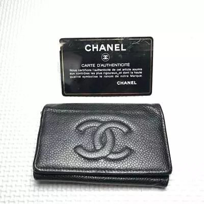 CHANEL Key Case W/Guarantee Card Serial Seal Caviar Skin Coco Mark Leather Used • £0.80