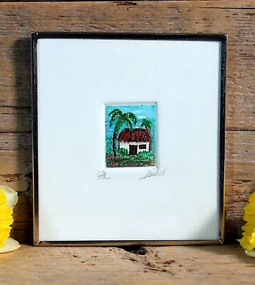 Beach Hut Palm Trees Hand Tinted Etching Color Print Handmade Mexican Folk Art • $34