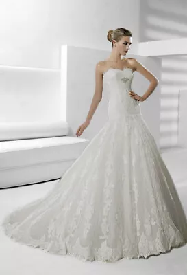 La Sposa Wedding Dress Ball Gown 12 Ivory French Lace Strapless Train • $399