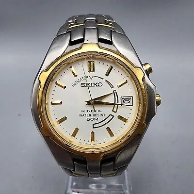 Seiko Kinetic Watch Men Two Tone White Dial Date 37mm Round 5M62-0A89 Works • $124.99