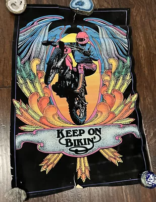 Vtg 1970s Black Light Poster Keep On Bikin Felt Pyschedelic Dirt Bike Motorcross • $57.94