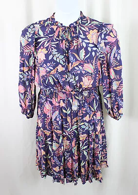 Shoshanna Purple Multi Floral Print Elastic Waist Sheer Knee Length Dress 10 • $84.15