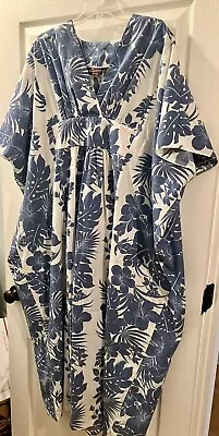 Vintage Tropical Eve Hawaii Caftan Kaftan Mumu Dress Blue White Floral One Size • $80