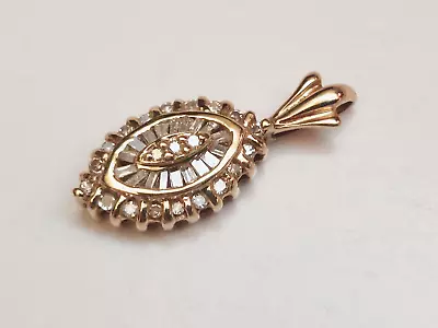 Vtg Lovely 10k Yellow  Solid Gold Real Diamond Baguette  Marquise  Pendant • $259