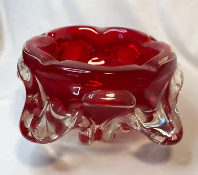 Vintage Mid Century Murano Heavy Red Clear Art Glass Ashtray Italian Art Glass • $43.67