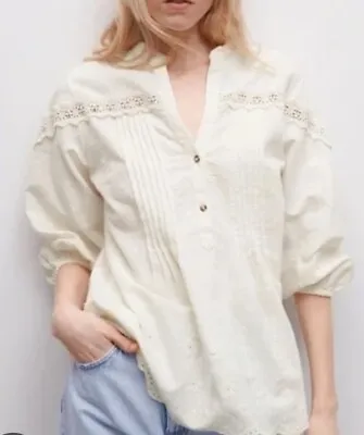 ZARA Openwork Embroidered Blouse Top Oyster White Size XS Shirt • $45