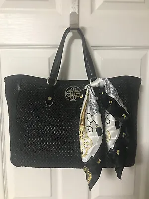 My Flat In London Handbag Holly Black Woven Straw Scarf Satchel Tote • $179.99