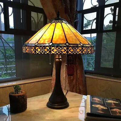 Tiffany Style Mission 2-Light Table Lamp Amber Brown Stained Glass Bronze Finish • $157.95