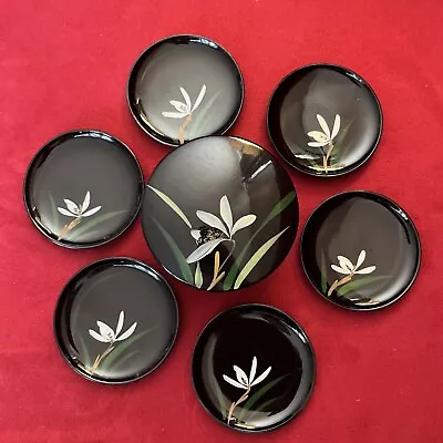 Vintage MCM Japanese Coasters Set Of 6 Black Lacquer Box White Water Lily • $12.99