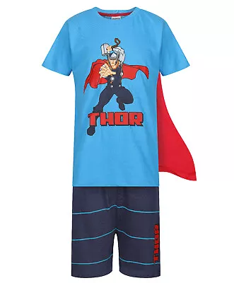 Boys Superhero Pyjamas With Cape Marvel Thor Novelty Short Pj Set 4-14y Bnwt • £5.99