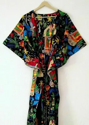 Indian Black Long Frida Kahlo Print Cotton Maxi Women Nightwear Caftan Dress • $24.71