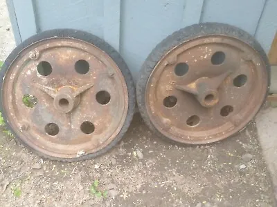 Vintage Antique Industrial Railroad Steampunk Cast Iron Wheels Solid Rubber Tire • $175
