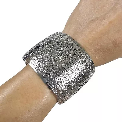 Vtg Sarah Coventry Chunky Silver Tone Embossed Floral Scroll Wide Cuff Bracelet • $17.98