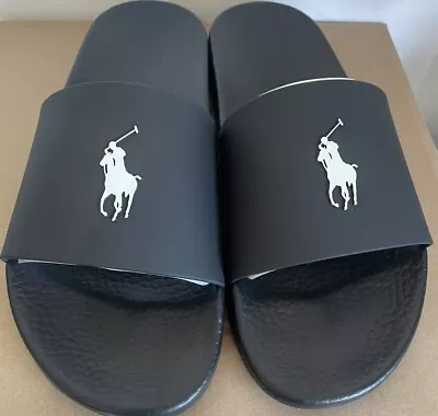 POLO RALPH LAUREN MENS SLIDE SHOES BLACK WITH WHITE PONY New W Box Size US 11 • $45