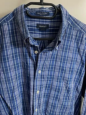 Gant Blue White Checked Mens Shirt XXL Long Sleeve Button Up Collar Striped • £19.99