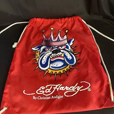 Ed Hardy Bulldog By Christian Audigier Backpack Red Nylon Drawstring Bag 15 X13  • $7.49