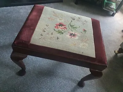 Vintage Foot Stool Seat Embroidered  Floral Mahogany Velvet & Queen Anne Legs • £38