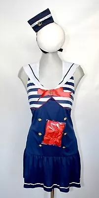 Blue White Striped Sexy Sailor Costume Ladies Nautical  Fancy Dress Uk 12-14 • £11.99