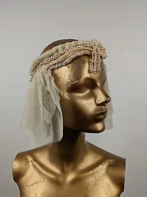 Antique 1920’s Pearl Glass Bead & Tulle Wedding Bridal Headpiece W Velvet Trim • $150