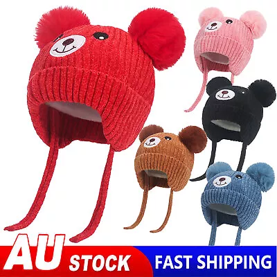 Lining Earflap Cap Toddler Beanie Bear Knitted Hat Winter Pompom Baby Hat • $21.99