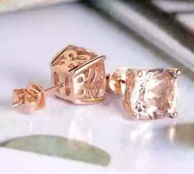 2CT Cushion Cut Lab-Created Morganite Women Stud Earrings 14K Rose Gold Plated • $62.99