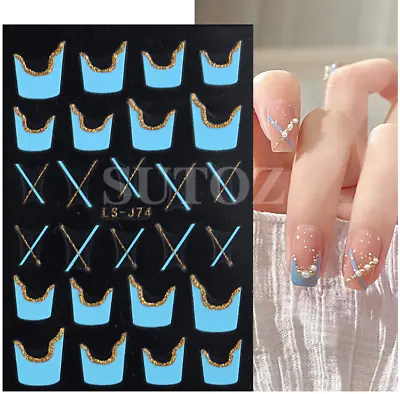 3D Glitter Gold Line Nail Art Stickers Decals French Tip Wavy Fringe Stripe NH22 • $2.95