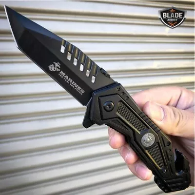 8.25  BLACK USMC MARINES TACTICAL SPRING FOLDING ASSISTED KNIFE Blade Pocket NEW • $14.20